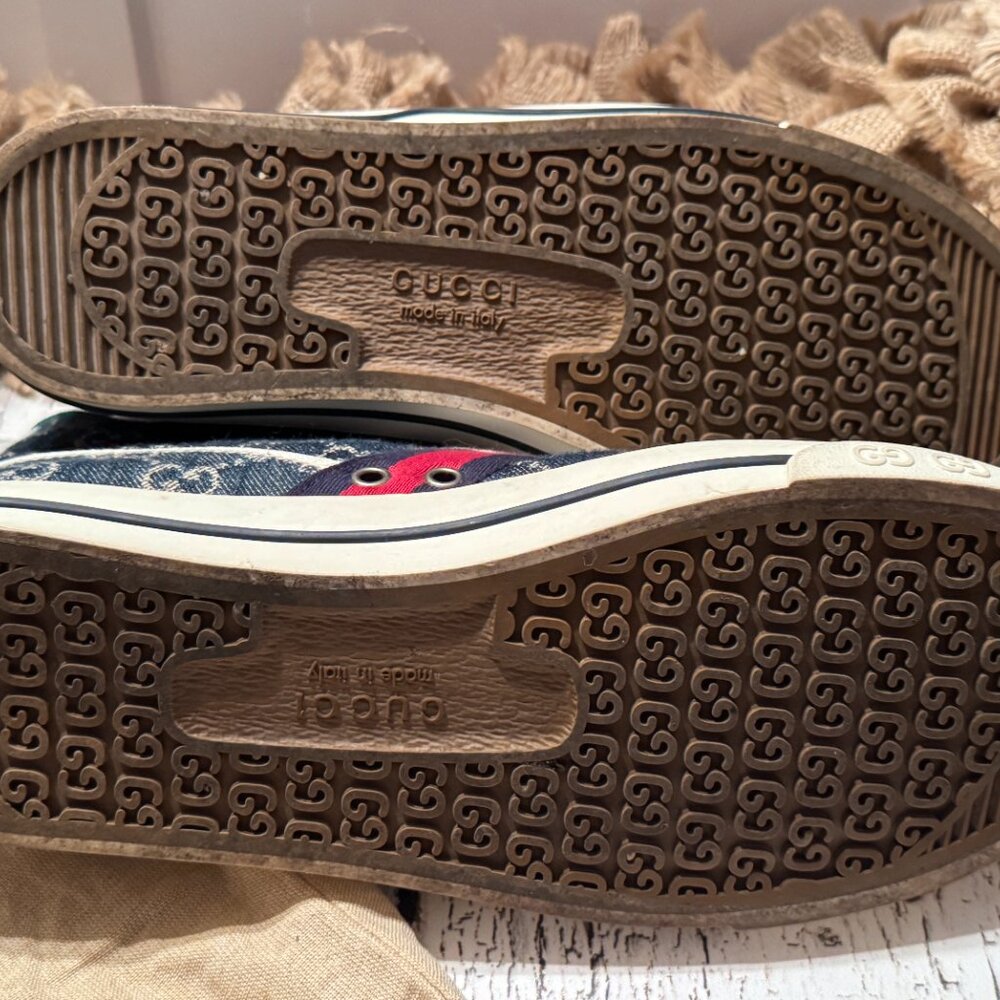 Men's Gucci High Top Denim Sneakers Monogram Blue Cream 8 - Picture 7 of 8